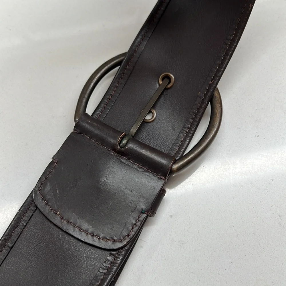 Chicos Faux Leather Trim Fabric Front Belt Round Buckle Teal Abstract Print Sz S